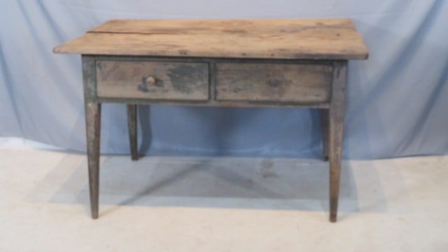 Early 19th century 2-dovetailed drawer walnut farm table in old worn green paint (1 of 7)