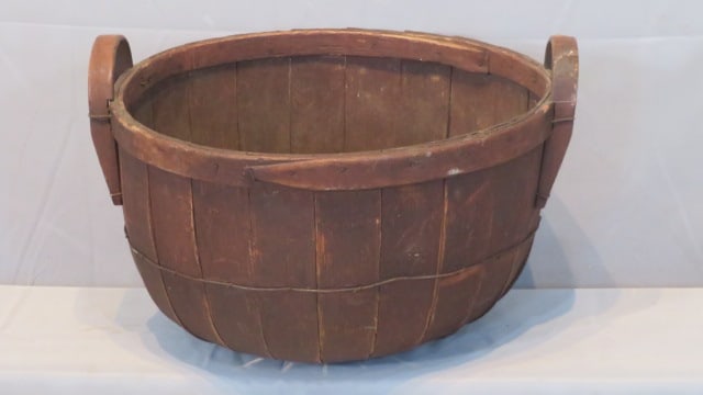 Bushel wood double-handled apple basket in old worn red paint (1 of 8)