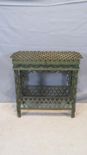 Late 19th century pine folk art planter/plant stand in old green paint (1 of 7)