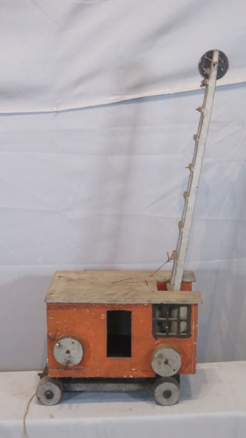 Wood folk art toy steam shovel in old paint with vintage Purdue decals (1 of 5)