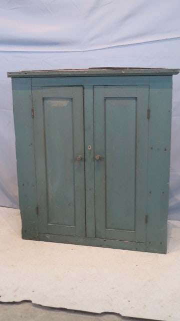 19th century pine hanging corner cupboard in old green paint (1 of 4)