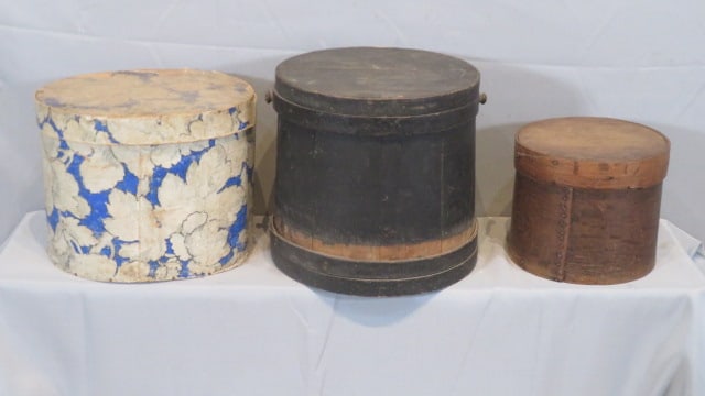 Group of 3 vintage storage containers, hat box, firkin, pantry box (1 of 7)