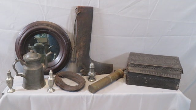 Group of 9 primitives, leather box, pewter items, mirror, etc (1 of 8)