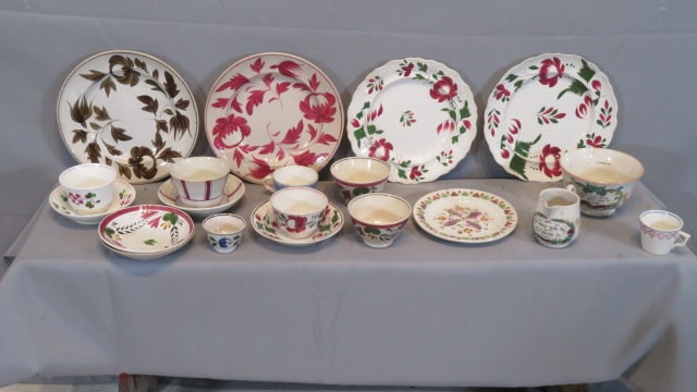 Group of early China, King's Crown, handleless cups and saucers, etc.: Group of early China, including 2 King's Crown plates, 5 handleless cups and saucers, a creamer with "Be canny with cream", a bowl with "Love not sleep lest thou come to poverty", largest plate is 9.5