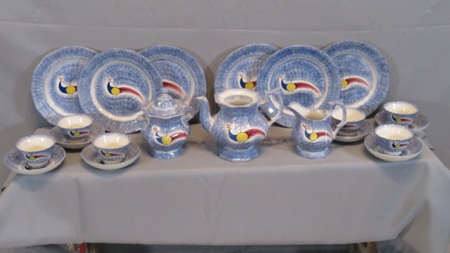 6 place settings of reproduction peafowl blue spatterware (1 of 4)