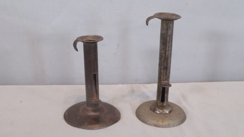 2 iron hogscraper candlesticks