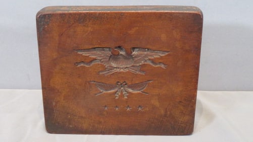 Patriotic wooden block with eagle and shield, banners, and 4 stars