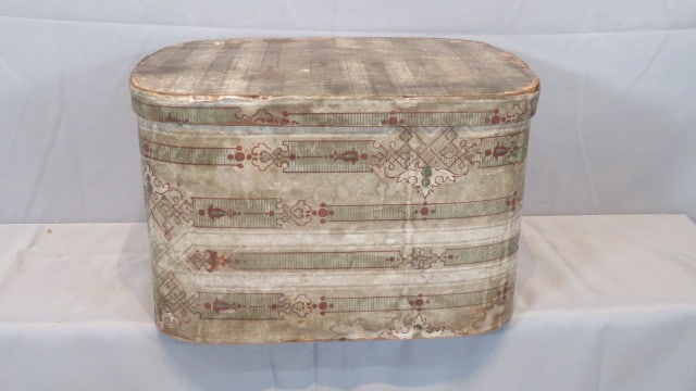 19th century wood wallpaper covered band box (1 of 6)