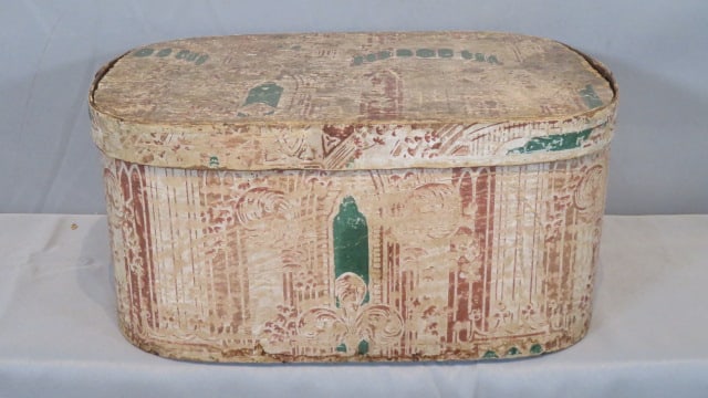 Wood wallpapered band box: Wood wallpapered band box, paper lined, 7"T x 15"W x 11"D