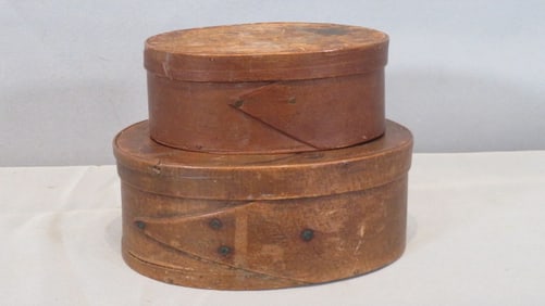 2 wood Harvard lap oval pantry boxes with lids in original surface