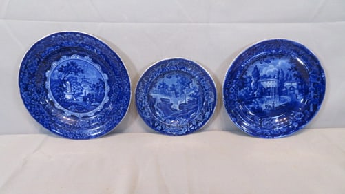 3 dark blue Staffordshire plates