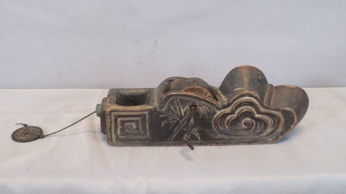 Early wooden Chinese heavily carved string measure w/iron crank