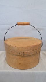 19th century wood pantry box with lid, wire bale and wood handle