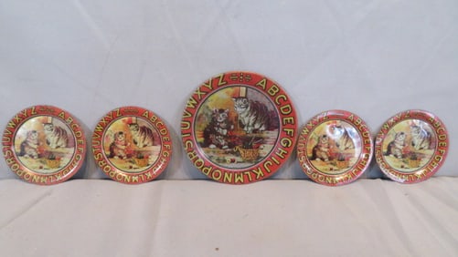 Ohio Art 5-pc tin lithograph with kittens ABC plates