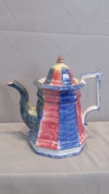 Rainbow spatterware lighthouse teapot with lid