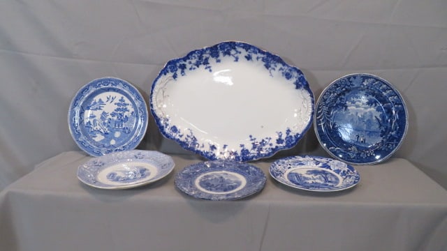 Flow blue platter and 5 Staffordshire plates (1 of 9)