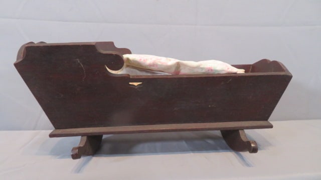 19th century walnut doll cradle with 1914 German doll (1 of 8)