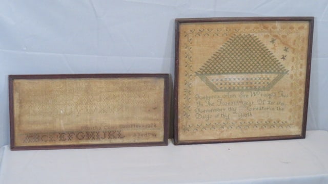 2 Schoolgirl samplers in original frames: 2 Schoolgirl samplers in original frames, small one is by Martha Cox dated 1828, includes the alphabet and numbers, and the larger one is by Rebecca Ann See dated 1846, includes what appears to be a b