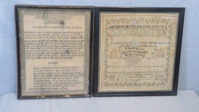 2 Schoolgirl samplers in frames: 2 Schoolgirl samplers in frames, one on left has a verse on the knowledge of the world and another verse on nights, made by Frances Gallpen and dated 1832, the one on right has the alphabet, a verse,