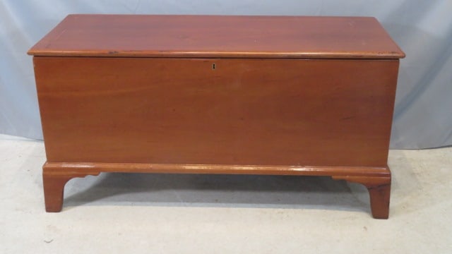 Cherry dovetailed blanket chest: Cherry dovetailed blanket chest, original glue blocks on the feet, interior till, bracket base, 22"T x 44"L x 17.5"D