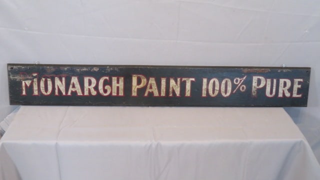 Trade Sign for Monarch Paint: Wood trade sign for Monarch Paint 100% Pure, 6 1/2" x 47"