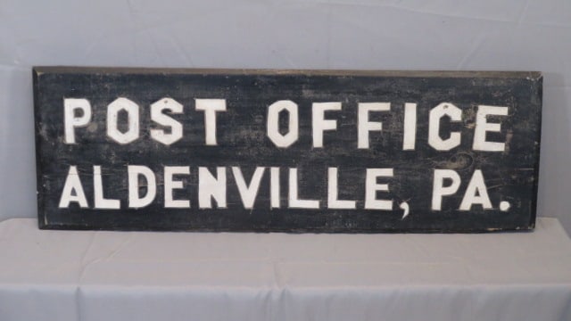 Wood sign Post Office, Aldenville, Pa: Wood sign for Post Office, Aldenville, Pa., 12" x 36"