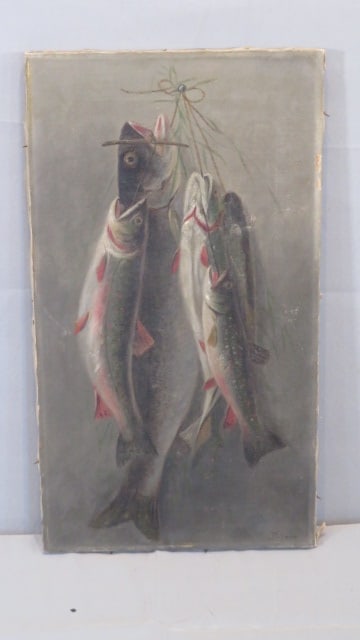 O/C portrait stringer of 4 trout: O/C portrait stringer of 4 trout signed Bohner, 11" x 20"
