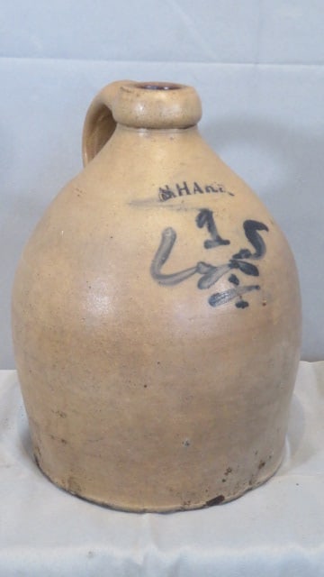 1-gal stoneware jug with blue decoration signed S. Hart: 1-gal stoneware jug with blue decoration signed S. Hart, 11"T x 7.5"diam