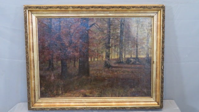 Early 20th centuy O/C painting of beech trees signed by Meg Folmer (1 of 8)