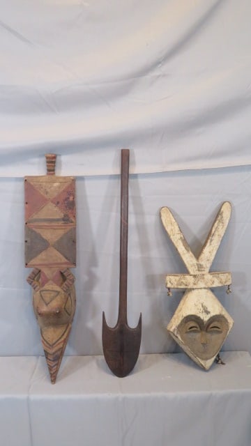 3 pcs of tribal folk art: 3 pcs of tribal folk art, including a bird head piece 33"L x 8"W, a carved spear, and a mask