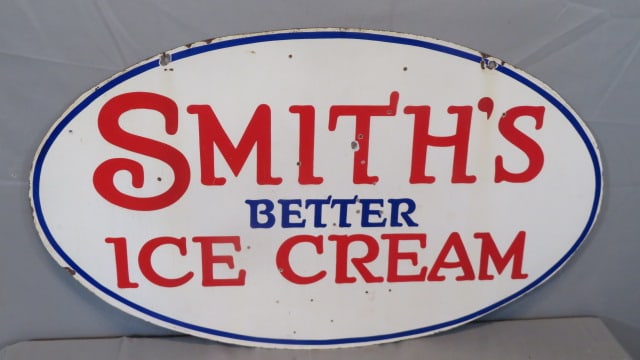 Porcelain 2-sided sign for Smith's Better Ice Cream: Porcelain 2-sided sign for Smith's Better Ice Cream, 21"T x 36"W