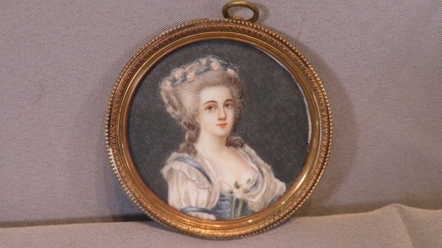 Early 19th century miniature watercolor portrait of young woman: Early 19th century miniature watercolor portrait of young woman, name written on back (not able to make it out), painted on thin bone, brass frame, 3 1/8"diam