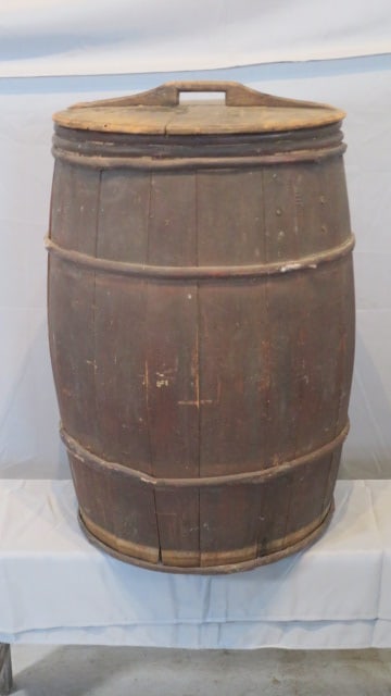 19th century wood barrel with lid: 19th century wood barrel with lid in old, dark, original patina, wood bands, 30"T x 18"diam