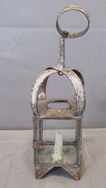 Tin candle lantern in worn white paint: Tin candle lantern in worn white paint, 13"T (to top of ring) x 4"square