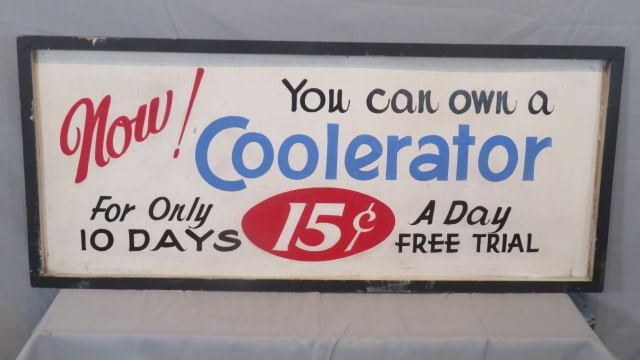 Wood interior advertising sign for Coolerator: Wood interior advertising sign for Coolerator, wooden border, 20"T x 47"L