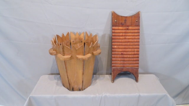 Arts & crafts waste basket and wood washboard (1 of 2)