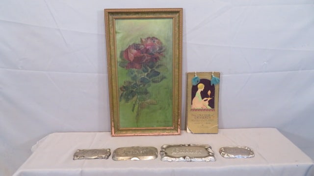 Group of 6 misc. items, rose painting, dessert calendar, plaques (1 of 8)