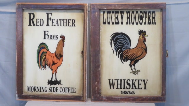 2 old windows repurposed into advertising with roosters (1 of 4)