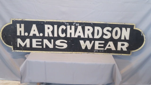 2-sided heavy tin advertising sign H.A. Richardson Mens Wear: 2-sided heavy tin advertising sign H.A. Richardson Mens Wear, 17"T x 72"L
