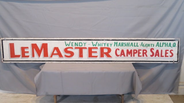 Wood sign LeMaster Camper Sales: Wood sign LeMaster Camper Sales, Wendy - Whitey Marshall - Agents - Alpha, O., 12"T x 84"L