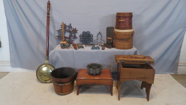 Large group of misc. items, bed warmer, firkins, trivets, etc. (1 of 10)