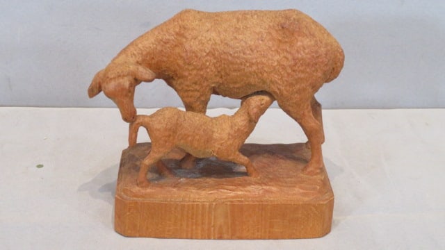 Wood carved ewe and suckling lamb signed (1 of 6)