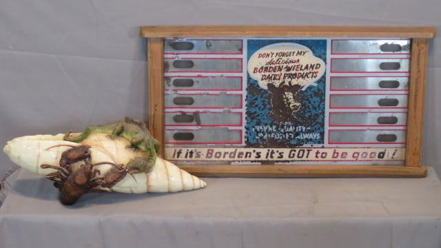 2 misc. items, pottery shell & Borden menu board (1 of 7)