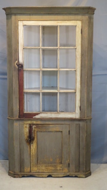 Early 19th century 2-pc cherry painted corner cupboard (1 of 4)