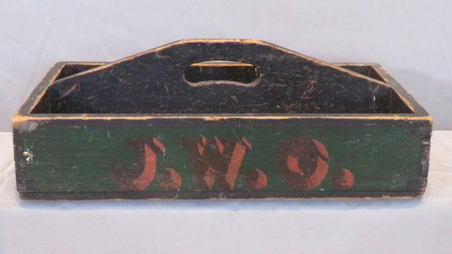 Late 19th century pine tool carrier in old paint (1 of 6)
