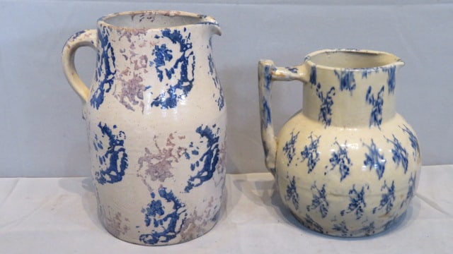 2 spongeware water pitchers: 2 spongeware water pitchers, unmarked, 10.75"T x 5"diam