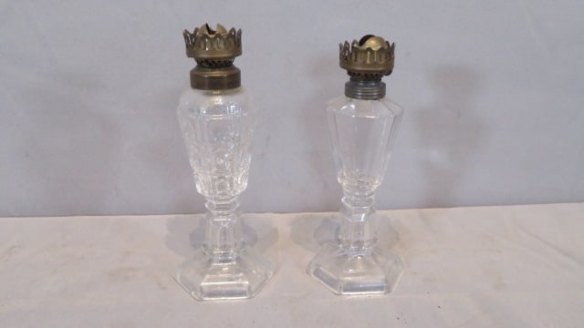 2 flint glass whale oil lamps: 2 flint glass whale oil lamps with kerosene burners, largest is 7.5"T