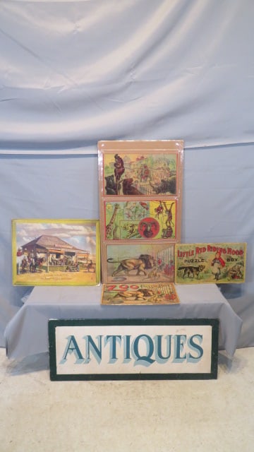 Group of 4 misc. items, puzzles, Antiques sign (1 of 8)