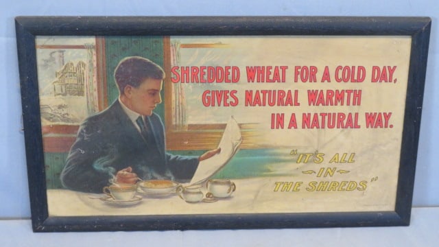 Framed cardboard advertising sign for Shredded Wheat Cereal: Framed cardboard advertising sign for Shredded Wheat Cereal, printed by The Niagara Litho Co., Buffalo, New York, 12.5"T x 22.5"W