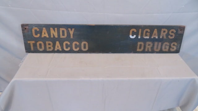 Candy, Cigars, Tobacco, Drugs 2 sided wood sign,: Candy, Cigars, Tobacco, Drugs 2 sided wood sign, 7 1/2" x 42"